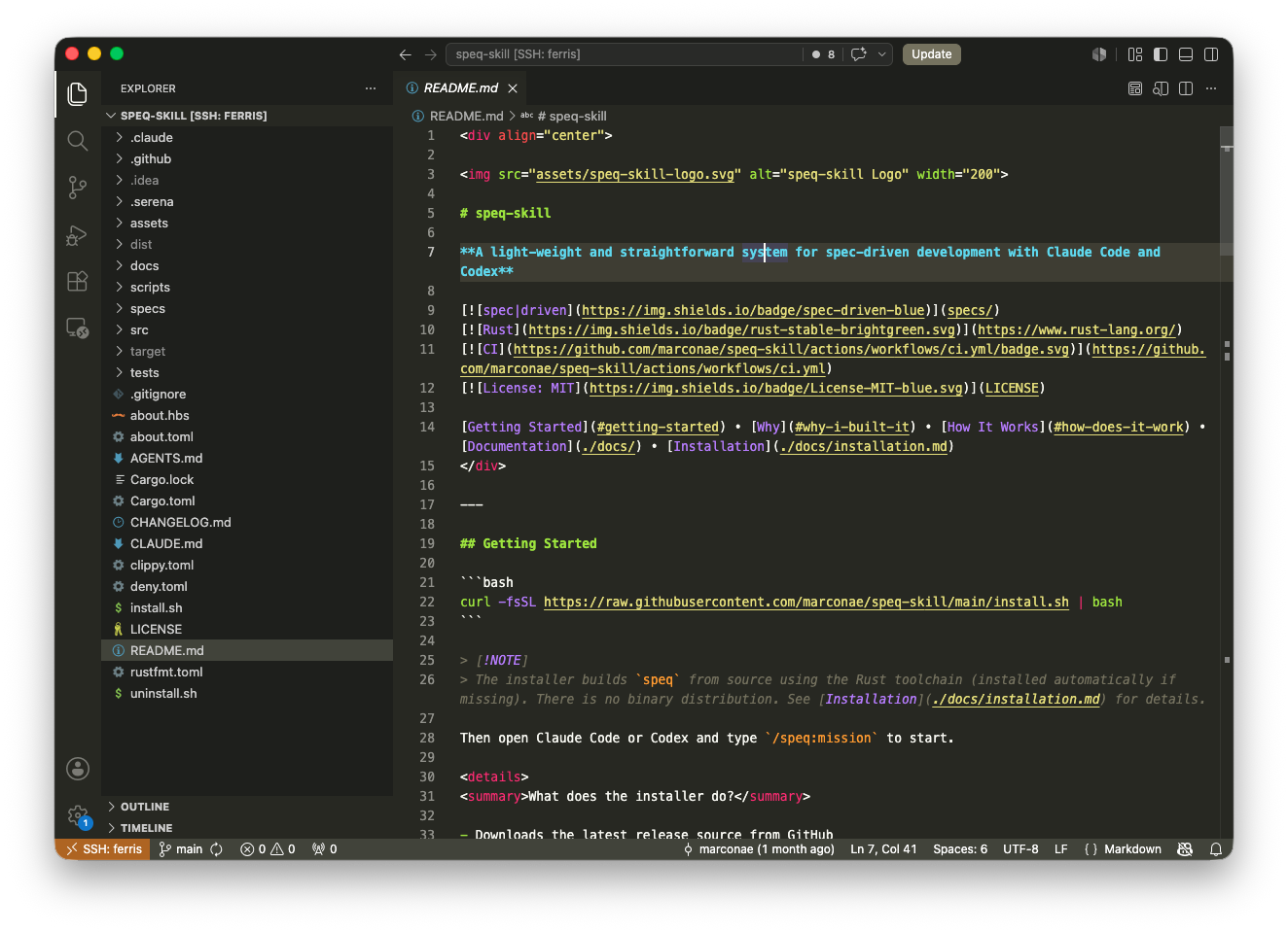 VS Code connected to Ferris via Remote SSH, with speq-skill’s specs and plans open from the main Mac.