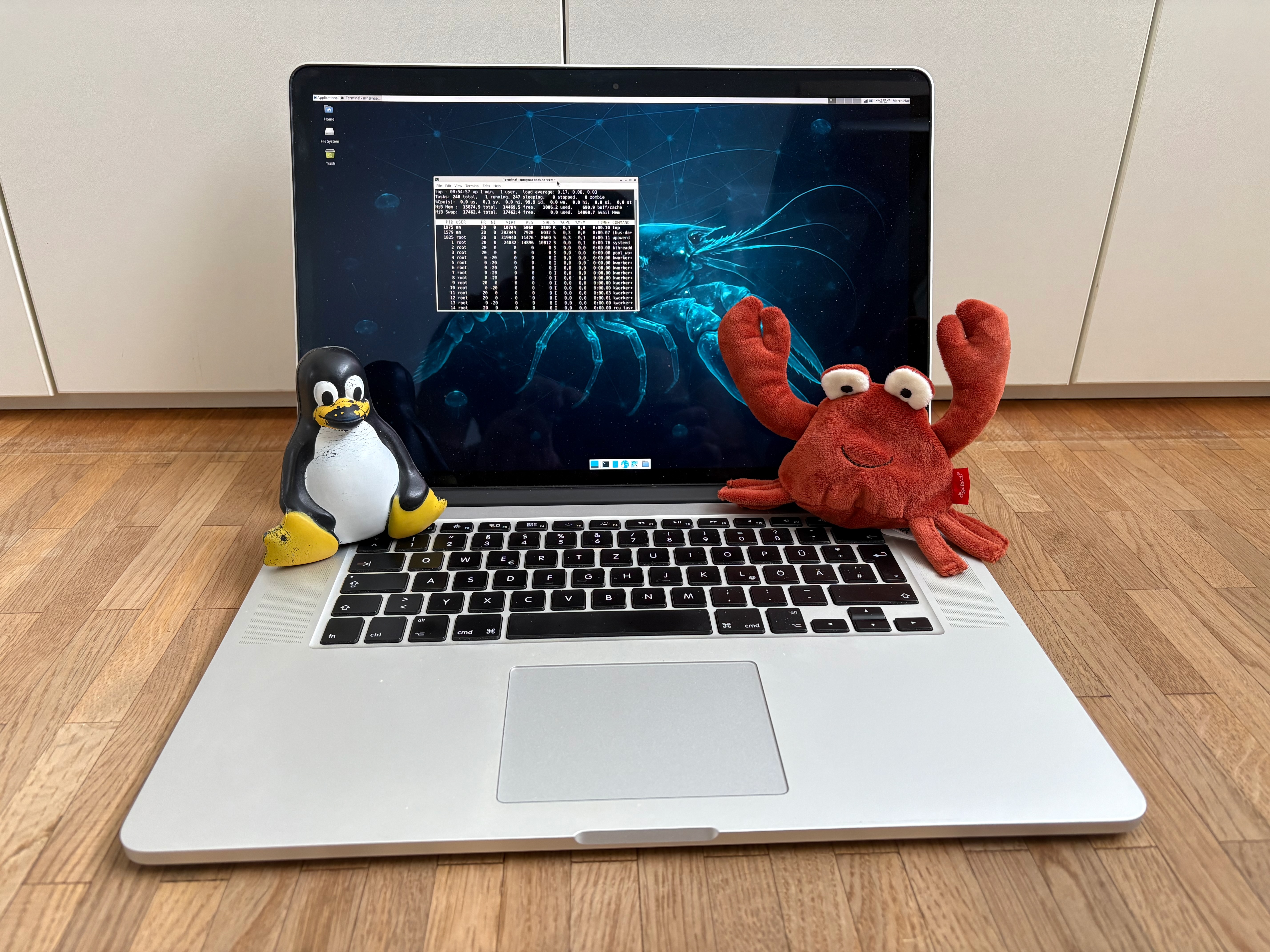 Ferris: a 15“ Retina MacBook Pro running Debian and XFCE, flanked by Tux and the Rust crab.
