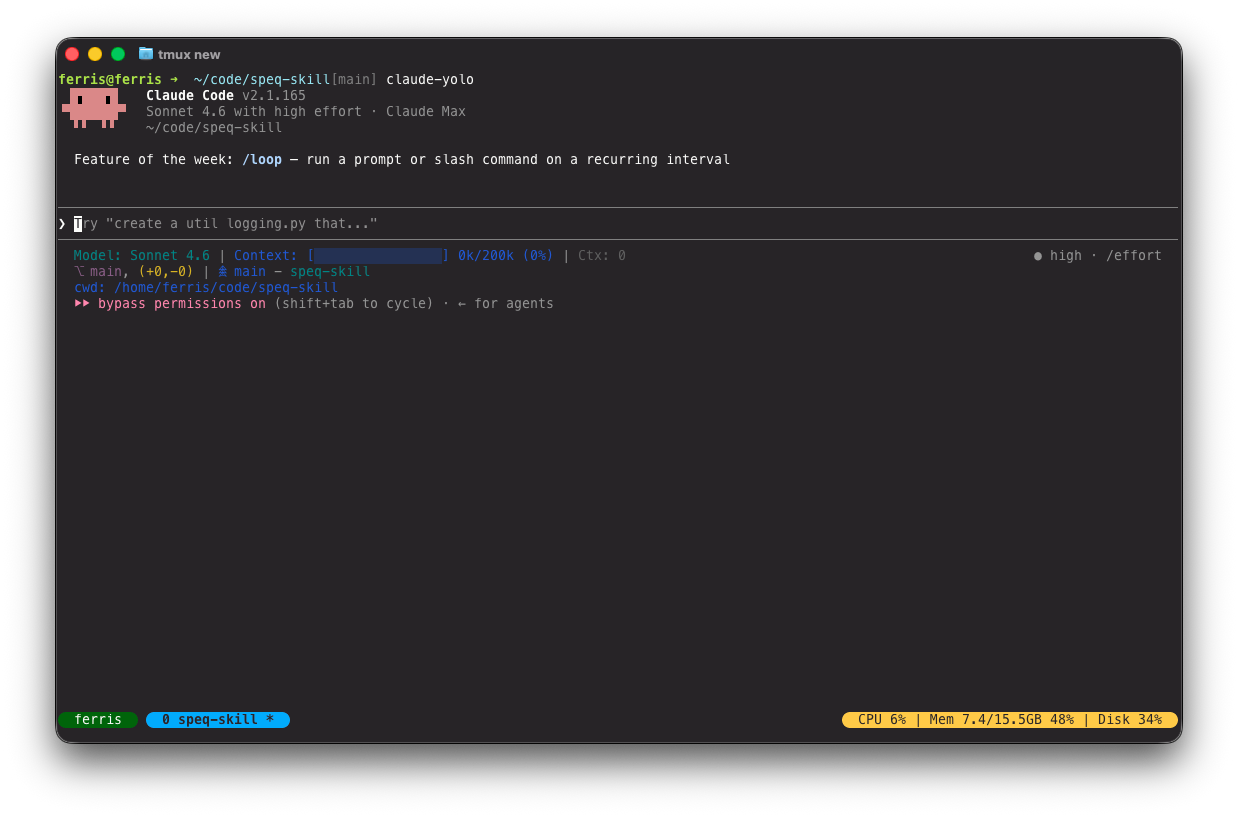 tmux on Ferris showing multiple named Claude Code sessions with hostname, window tabs, and live system stats in the status bar.