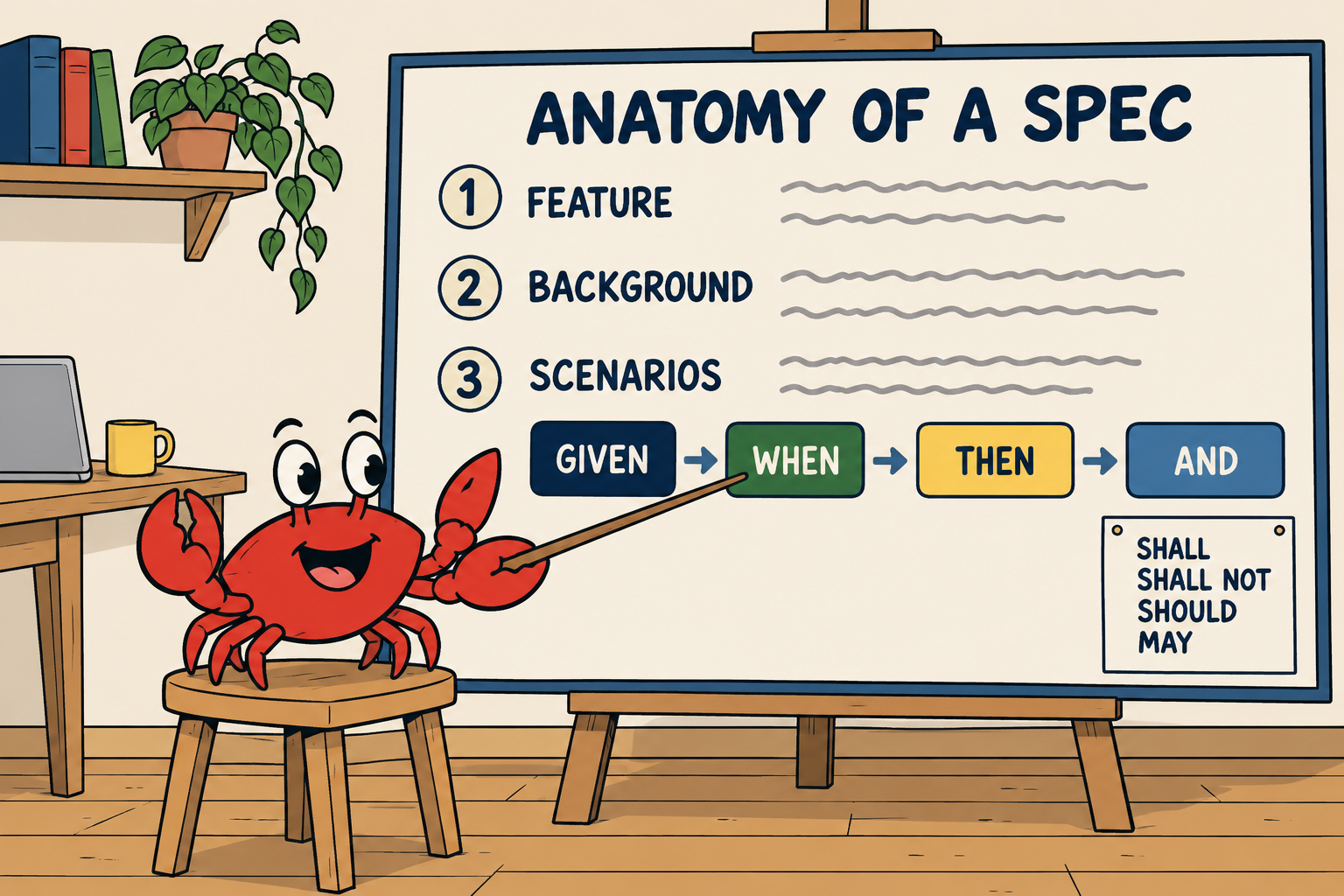 Anatomy of a spec: feature, background, scenarios with GIVEN-WHEN-THEN-AND steps and RFC 2119 keywords